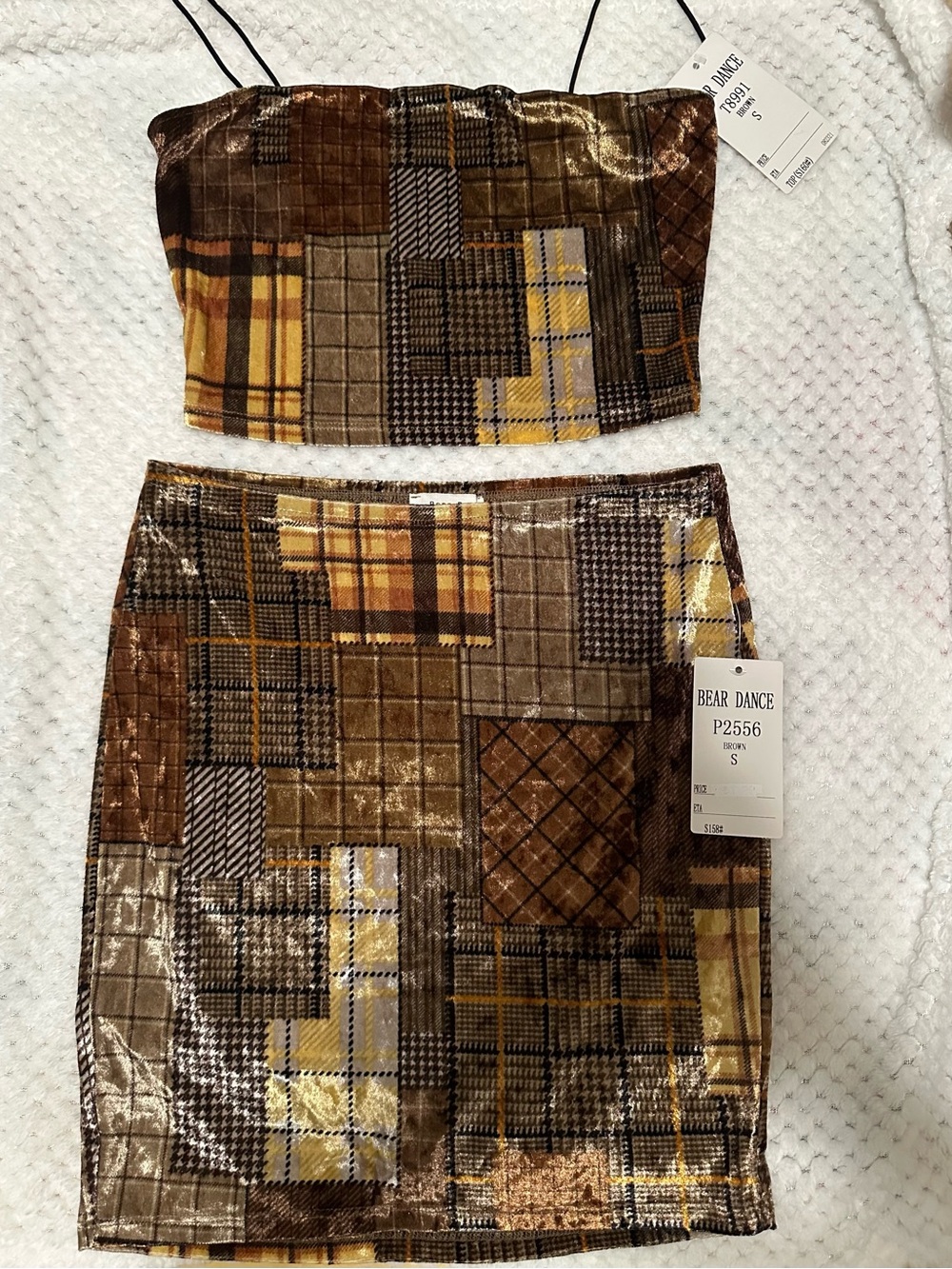 Bear Dance brown and gold plaid crop top and skirt set